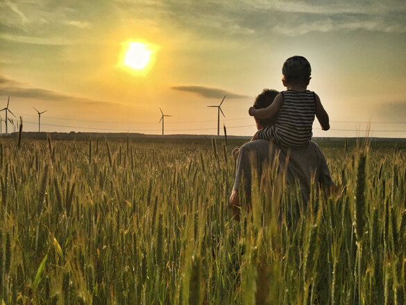 Sunset, wheat field, father with child, sustainable, Windmill