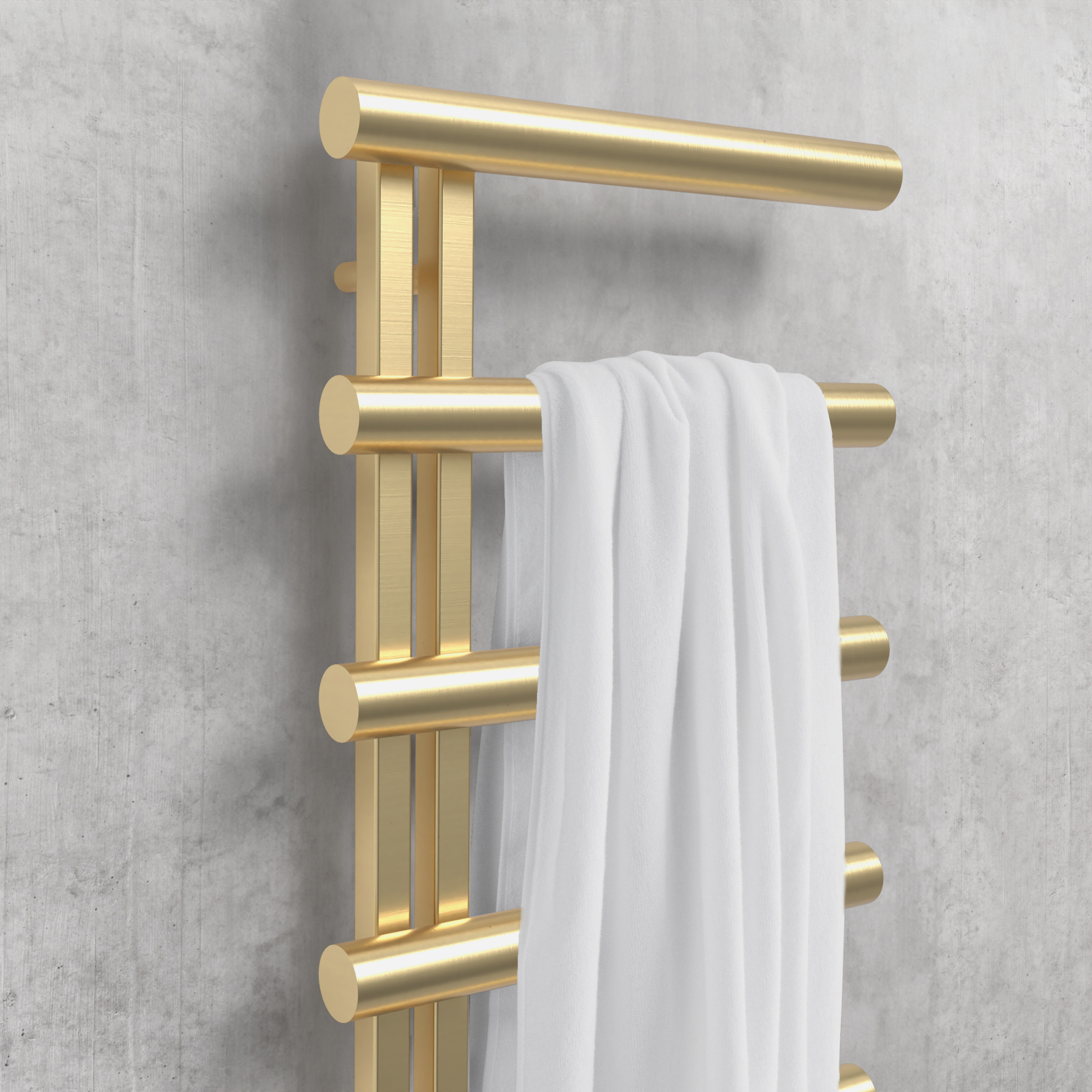Chime, Studio Collection, new finishes, N209, straight PVD, brushed brass, concrete wall, Closeup, bathroom