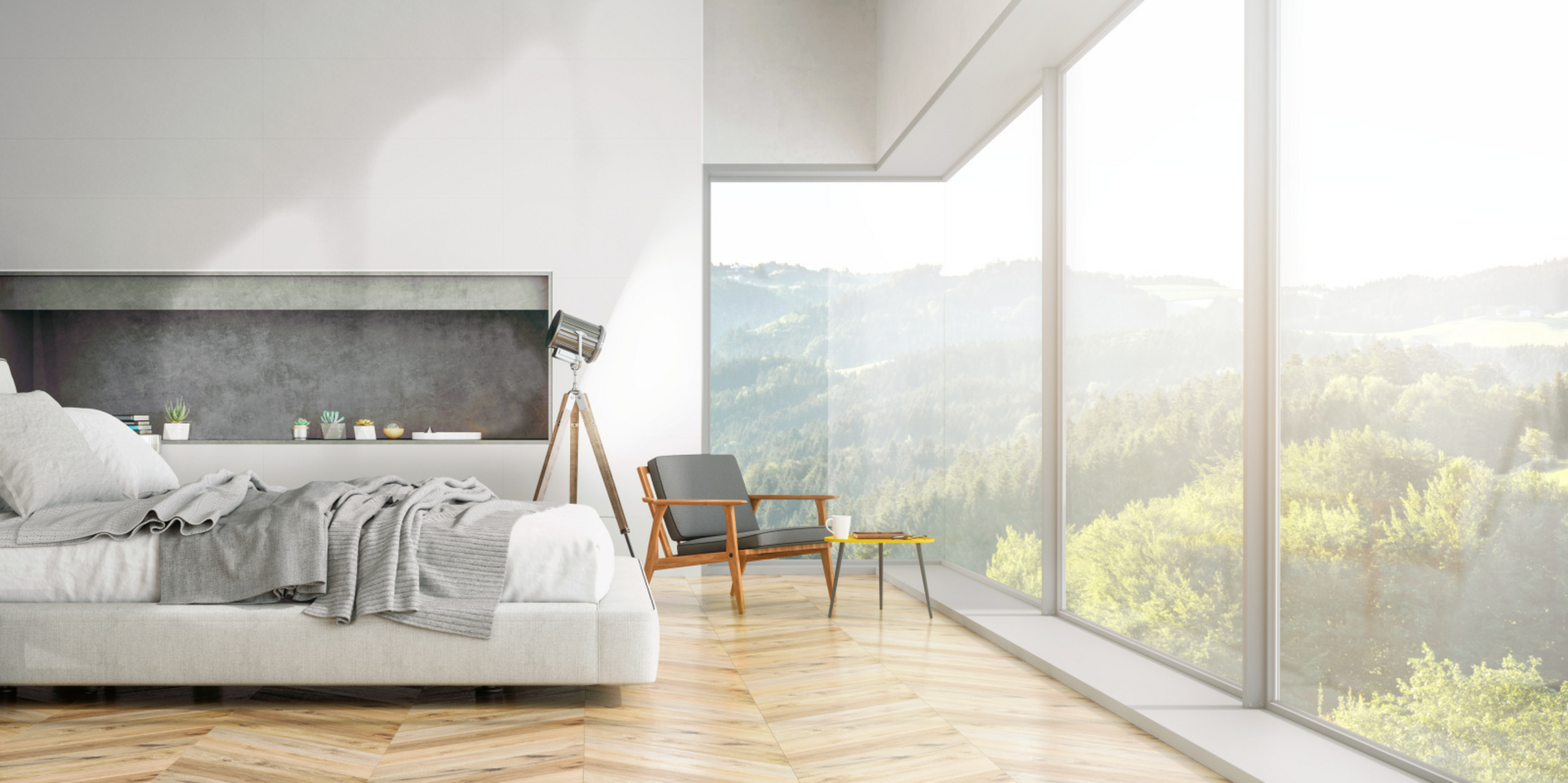 modern slaapkamerinterieur met uitzicht over de natuur