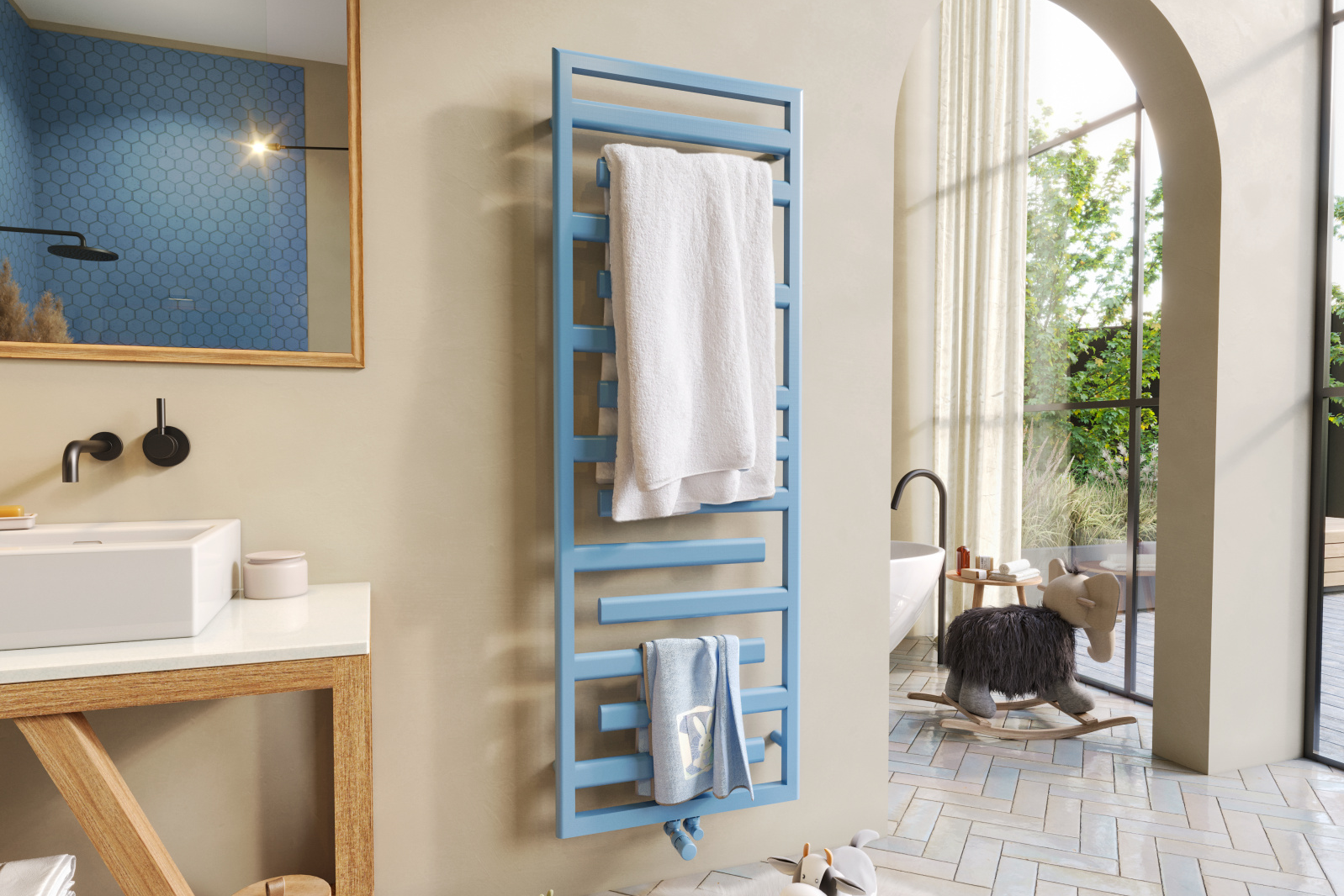 Zehnder_RAD_Tetris-HY_ValveTypeB_150-50_PastelBlue_bathroom_ComfortableUsability Milieu, bathroom, Tetris 150-50, hot water, children's toys, valve type B,