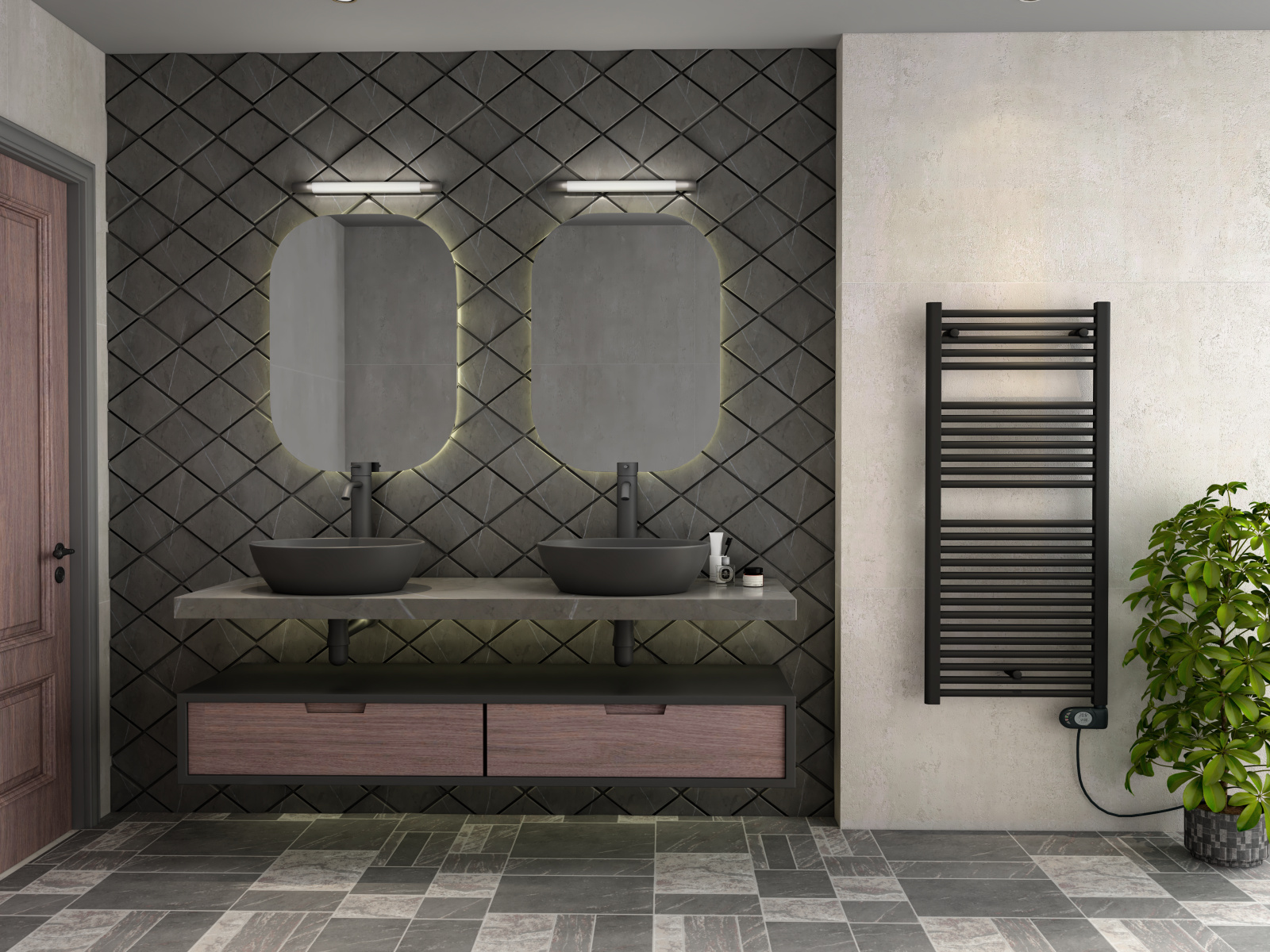 Zehnder_RAD_Aura-120-50_EL-MusaEco_Blackmatt_Bathroom_Milieu Rendering Zehnder Aura Decorative radiator Front view